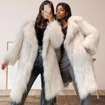 LRYBSA Shaggy Fluffy Faux Fur Coat Long Sleeve Long Jacket,Grey white Color Sweater, Women's Fashion Puffy Overcoat Outwear