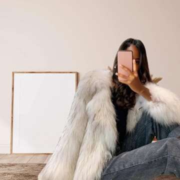 LRYBSA Shaggy Fluffy Faux Fur Coat Long Sleeve Long Jacket,Grey white Color Sweater, Women's Fashion Puffy Overcoat Outwear