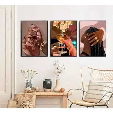 LQOZTBX 3Pcs Black Girl Wall Art Fashion African American Canvas Paintings Black Women Posters Nail Art Pictures Champagne Prints Boho Aesthetic Wall Decor For Bedroom Unframed
