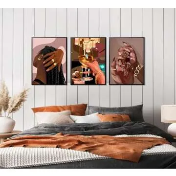 LQOZTBX 3Pcs Black Girl Wall Art Fashion African American Canvas Paintings Black Women Posters Nail Art Pictures Champagne Prints Boho Aesthetic Wall Decor For Bedroom Unframed