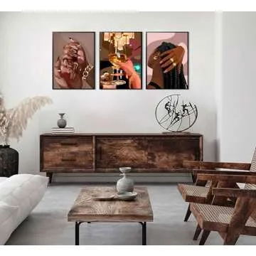 LQOZTBX 3Pcs Black Girl Wall Art Fashion African American Canvas Paintings Black Women Posters Nail Art Pictures Champagne Prints Boho Aesthetic Wall Decor For Bedroom Unframed