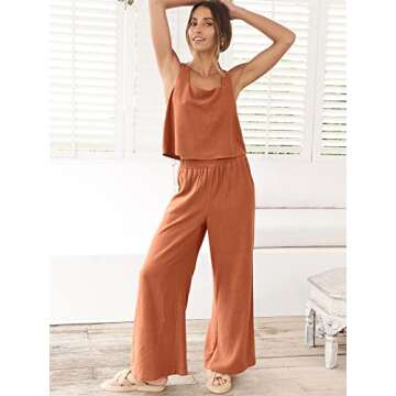 ANRABESS Women's 2 Piece Outfits Linen Pants Jumpsuit Matching Lounge Set Casual Summer Beach Vacation Trendy Clothes Rust Small