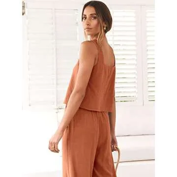 ANRABESS Women's 2 Piece Outfits Linen Pants Jumpsuit Matching Lounge Set Casual Summer Beach Vacation Trendy Clothes Rust Small