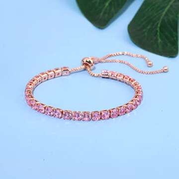 lasidor Dainty Bracelets for Women,14K Rose Gold Plated Adjustable Charm Link Bracelet Pink Cubic Zi...
