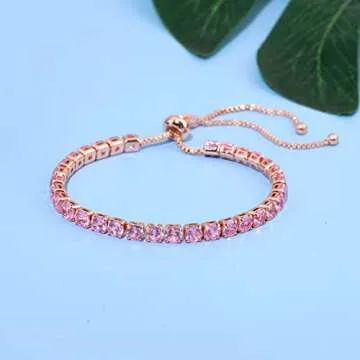 lasidor Dainty Bracelets for Women,14K Rose Gold Plated Adjustable Charm Link Bracelet Pink Cubic Zi...