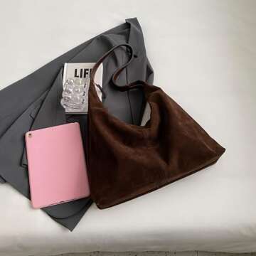 Leather Hobo Bags for Women Brown Purses Suede Purse Slouchy Tote Bag Suede Tote Bag Fall Purses Handbag (StyleA01-Coffee)