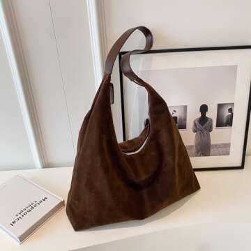 Leather Hobo Bags for Women Brown Purses Suede Purse Slouchy Tote Bag Suede Tote Bag Fall Purses Handbag (StyleA01-Coffee)
