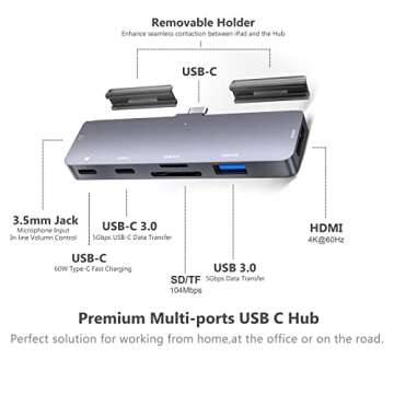 iPad Pro USB C Hub Adapter for iPad Pro 2024 M4 M2 M1,7-in-1 Hub with 4K@60Hz HDMI,3.5mm Jack,USB3.0...
