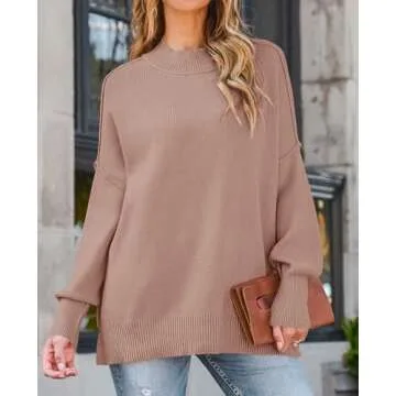 ZESICA Women's Fall Casual Long Sleeve Crew Neck Side Slit Oversized Ribbed Knit Pullover Sweater To...