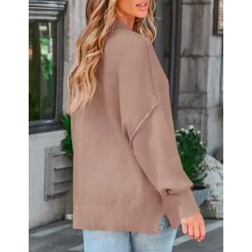 ZESICA Women's Fall Casual Long Sleeve Crew Neck Side Slit Oversized Ribbed Knit Pullover Sweater Tops,Almond,Small
