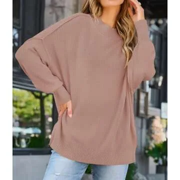 ZESICA Women's Fall Casual Long Sleeve Crew Neck Side Slit Oversized Ribbed Knit Pullover Sweater Tops,Almond,Small