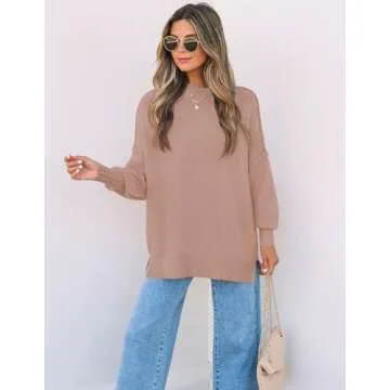 ZESICA Women's Fall Casual Long Sleeve Crew Neck Side Slit Oversized Ribbed Knit Pullover Sweater Tops,Almond,Small