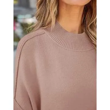 ZESICA Women's Fall Casual Long Sleeve Crew Neck Side Slit Oversized Ribbed Knit Pullover Sweater Tops,Almond,Small