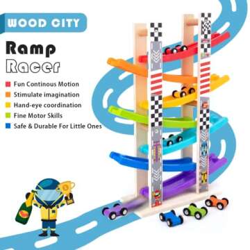 Wood City Toddler Toys for 1 2 3 Years Old, Wooden Car Ramp Racer Toy Vehicle Set with 7 Mini Cars & Race Tracks, Montessori Toys Craft Gift for Toddlers Boys and Girls