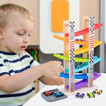 Wood City Toddler Toys for 1 2 3 Years Old, Wooden Car Ramp Racer Toy Vehicle Set with 7 Mini Cars & Race Tracks, Montessori Toys Craft Gift for Toddlers Boys and Girls