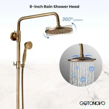 gotonovo Exposed Bathroom Shower Faucet Set Shower Fixture 8 Inch Rainfall Shower Head Handheld Shower Cross Handle Wall Mount 2 Functions Antique Brass