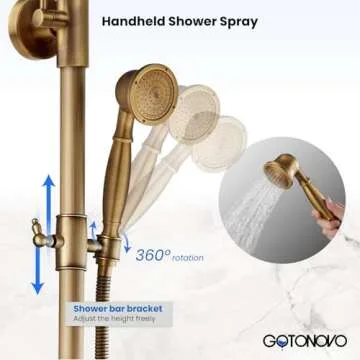 gotonovo Exposed Bathroom Shower Faucet Set Shower Fixture 8 Inch Rainfall Shower Head Handheld Shower Cross Handle Wall Mount 2 Functions Antique Brass