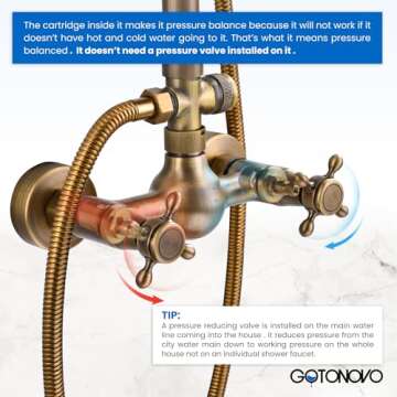 gotonovo Exposed Bathroom Shower Faucet Set Shower Fixture 8 Inch Rainfall Shower Head Handheld Shower Cross Handle Wall Mount 2 Functions Antique Brass