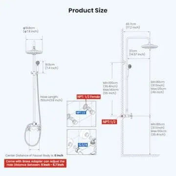 gotonovo Exposed Bathroom Shower Faucet Set Shower Fixture 8 Inch Rainfall Shower Head Handheld Shower Cross Handle Wall Mount 2 Functions Antique Brass