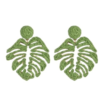 RUOFFETA Raffia Palm Leaf Earrings, Raffia Straw Wrapped Monstera Drop Dangle Earrings Summer Tropic...