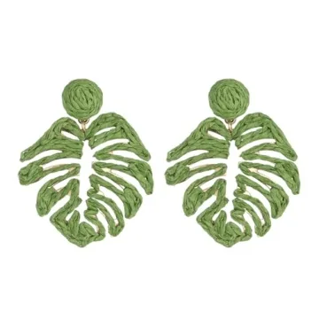 RUOFFETA Raffia Palm Leaf Earrings, Raffia Straw Wrapped Monstera Drop Dangle Earrings Summer Tropic...