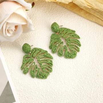 RUOFFETA Raffia Palm Leaf Earrings, Raffia Straw Wrapped Monstera Drop Dangle Earrings Summer Tropical Beach Jewelry(Dark Green)