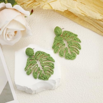 RUOFFETA Raffia Palm Leaf Earrings, Raffia Straw Wrapped Monstera Drop Dangle Earrings Summer Tropical Beach Jewelry(Dark Green)