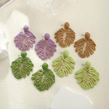RUOFFETA Raffia Palm Leaf Earrings, Raffia Straw Wrapped Monstera Drop Dangle Earrings Summer Tropical Beach Jewelry(Dark Green)
