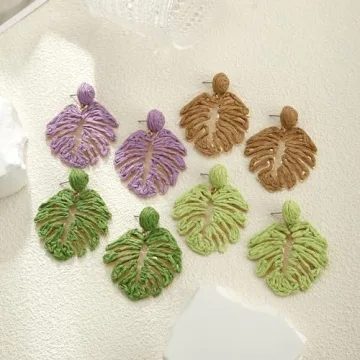 RUOFFETA Raffia Palm Leaf Earrings, Raffia Straw Wrapped Monstera Drop Dangle Earrings Summer Tropical Beach Jewelry(Dark Green)