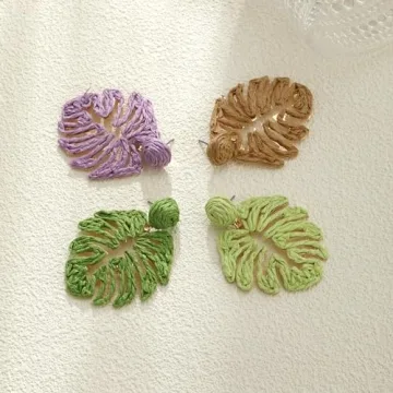 RUOFFETA Raffia Palm Leaf Earrings, Raffia Straw Wrapped Monstera Drop Dangle Earrings Summer Tropical Beach Jewelry(Dark Green)