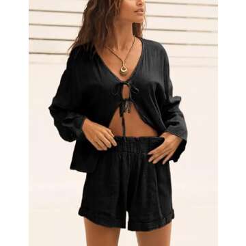 Nicfazy 2 Piece Outfits For Women Long Sleeve Lace up Shirts Short Sets Summer Lounge Matching Sets ...