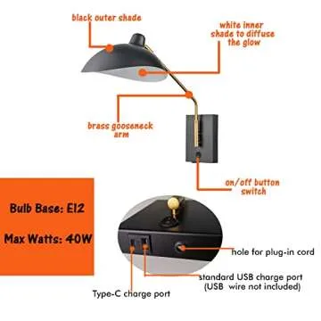 CLAXY Swing Arm Bedroom Sconces with USB Charge Port