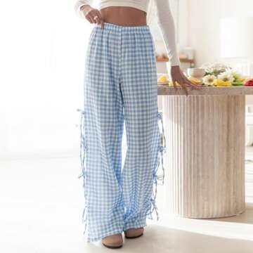 DSORVICD Women Y2k Tie Up Lounge Pants Stripe Plaid Elastic Waist Gingham Pants Casual Straight Wide...
