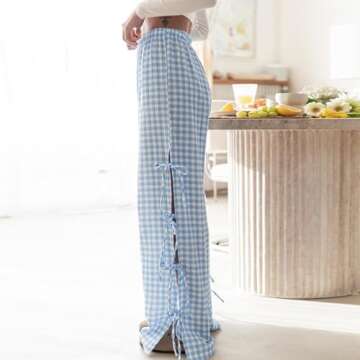 DSORVICD Women Y2k Tie Up Lounge Pants Stripe Plaid Elastic Waist Gingham Pants Casual Straight Wide Leg Relax Fit Trousers, Small