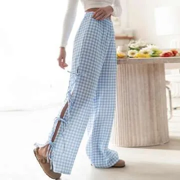 DSORVICD Women Y2k Tie Up Lounge Pants Stripe Plaid Elastic Waist Gingham Pants Casual Straight Wide Leg Relax Fit Trousers, Small