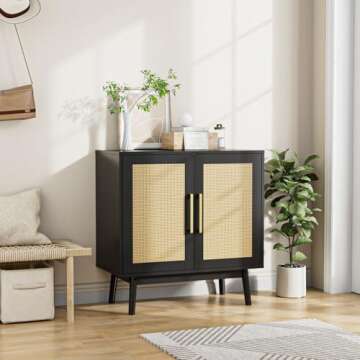 CARPETNAL Modern Rattan Sideboard Buffet Cabinet, Adjustable Shelves and Double Doors Storage, Accent Cabinet for Living Room, Bedroom, Hallway (Black)