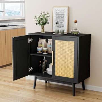 CARPETNAL Modern Rattan Sideboard Buffet Cabinet, Adjustable Shelves and Double Doors Storage, Accent Cabinet for Living Room, Bedroom, Hallway (Black)