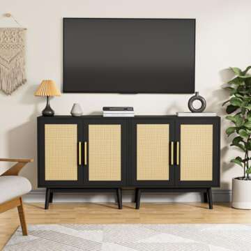 CARPETNAL Modern Rattan Sideboard Buffet Cabinet, Adjustable Shelves and Double Doors Storage, Accent Cabinet for Living Room, Bedroom, Hallway (Black)