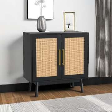 CARPETNAL Modern Rattan Sideboard Buffet Cabinet, Adjustable Shelves and Double Doors Storage, Accent Cabinet for Living Room, Bedroom, Hallway (Black)