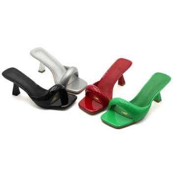 Women's Patent Leather One-Strap Low-Heeled Slip-On Fashion Sandals Sexy Square Open Toe Comfortable Mid-Heel Non-Slip Party Wedding Formal Mules (Black,9)