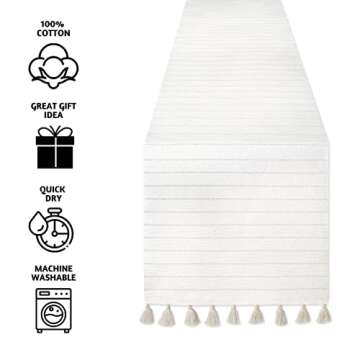 Folkulture 90 Inch Cotton Table Runner with Tassels - Elegant Bohemian Home Decor