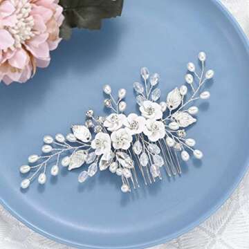 Latious Silver Flower Bride Wedding Hair Comb Pearl Bridal Side Comb Crystal Hair Piece Leaf Hair Ac...