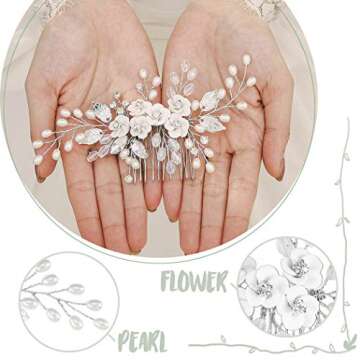 Latious Silver Flower Bride Wedding Hair Comb Pearl Bridal Side Comb Crystal Hair Piece Leaf Hair Accessories for Women and Girls (Silver)