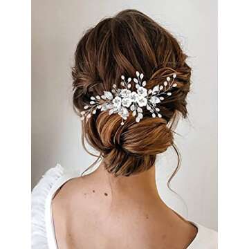 Latious Silver Flower Bride Wedding Hair Comb Pearl Bridal Side Comb Crystal Hair Piece Leaf Hair Accessories for Women and Girls (Silver)