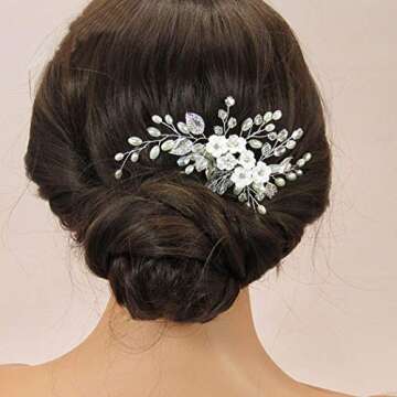 Latious Silver Flower Bride Wedding Hair Comb Pearl Bridal Side Comb Crystal Hair Piece Leaf Hair Accessories for Women and Girls (Silver)