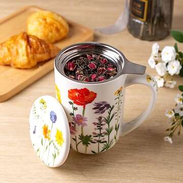 AmorArc Porcelain Tea Mug with Infuser and Lids, 18 Oz Tea Cup Strainer with Tea Bag Holder for Loose Leaf Tea, Tea Steeping Coffee Mug for House-warming Wedding Birthday Gift
