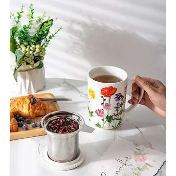 AmorArc Porcelain Tea Mug with Infuser and Lids, 18 Oz Tea Cup Strainer with Tea Bag Holder for Loose Leaf Tea, Tea Steeping Coffee Mug for House-warming Wedding Birthday Gift