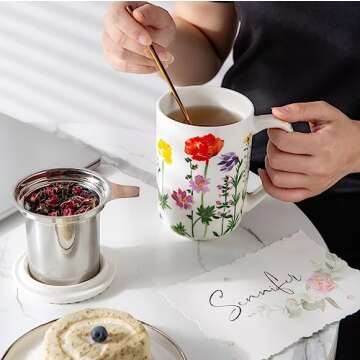 AmorArc Porcelain Tea Mug with Infuser and Lids, 18 Oz Tea Cup Strainer with Tea Bag Holder for Loose Leaf Tea, Tea Steeping Coffee Mug for House-warming Wedding Birthday Gift
