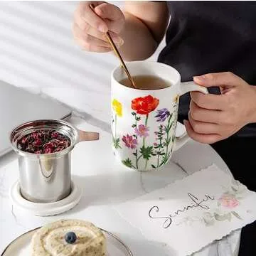AmorArc Porcelain Tea Mug with Infuser and Lids, 18 Oz Tea Cup Strainer with Tea Bag Holder for Loose Leaf Tea, Tea Steeping Coffee Mug for House-warming Wedding Birthday Gift