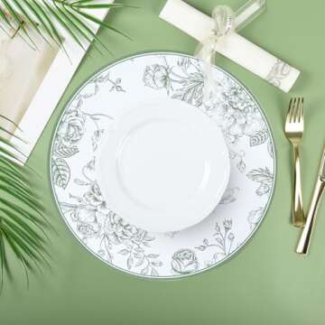 50Pcs Sage Green Floral Paper Placemats Chinoiserie Round Disposable Place Mats Green Flower Banquet 13 Inch Paper Cutouts for Table Setting Wedding Birthday Party Supplies (Sage Green)